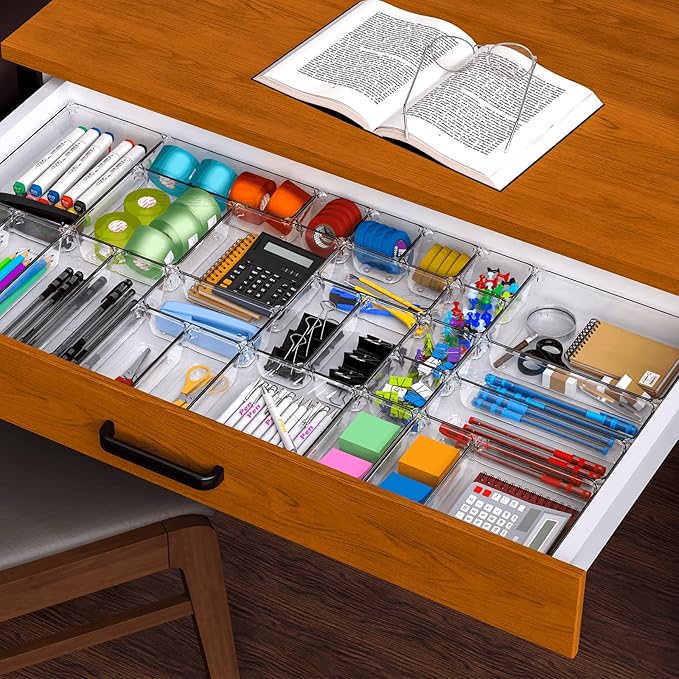 60 Pcs Clear Plastic Drawer Organizer Set,5 Size Small Storage Containers for Organizing Jewelry,Utensil,Junk,Tea,Makeup,Shallow Drawer Organizers Tray Suitable for Office,Desk,Bathroom,Vanity,Kitchen