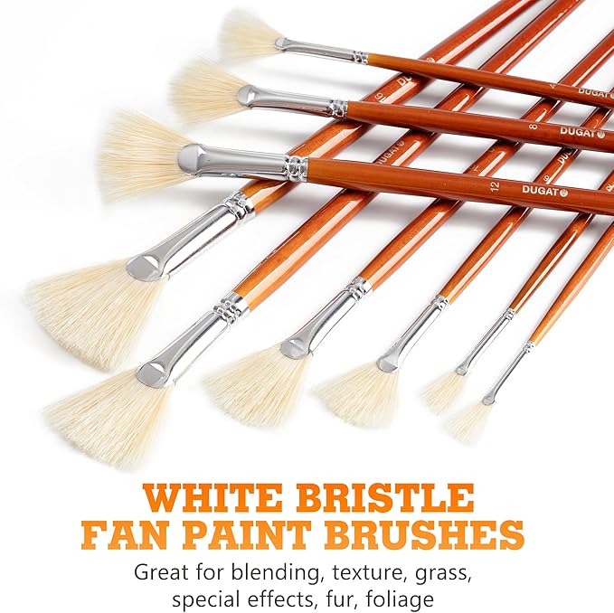 DUGATO Artist Fan Paint Brush Set of 9, White Hog Bristle Natural Hair Anti-Shedding Brush Tips, Long Wooden Handle for Comfortable Holding, Great for Acrylic Watercolor Oil Painting