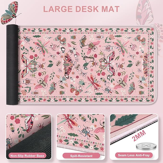 iLeadon Pink Large Desk Mat for Keyboard and Mouse,Ergonomic Massage Wrist Rest Set for Computer Keyboard,Big Flora Mouse Pad XXL+Cup Coaster with Non-Slip Base for Women Home Office,Pink Insect
