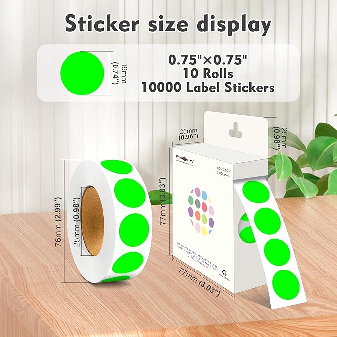 PARLAIM 3/4 Inch Round Permanent Adhesive Color-Code Dot Stickers,10000 Stickers Roll dots Label Dispenser Box Green Circle Stickers Labels 10Rolls (Fluorescent Green)
