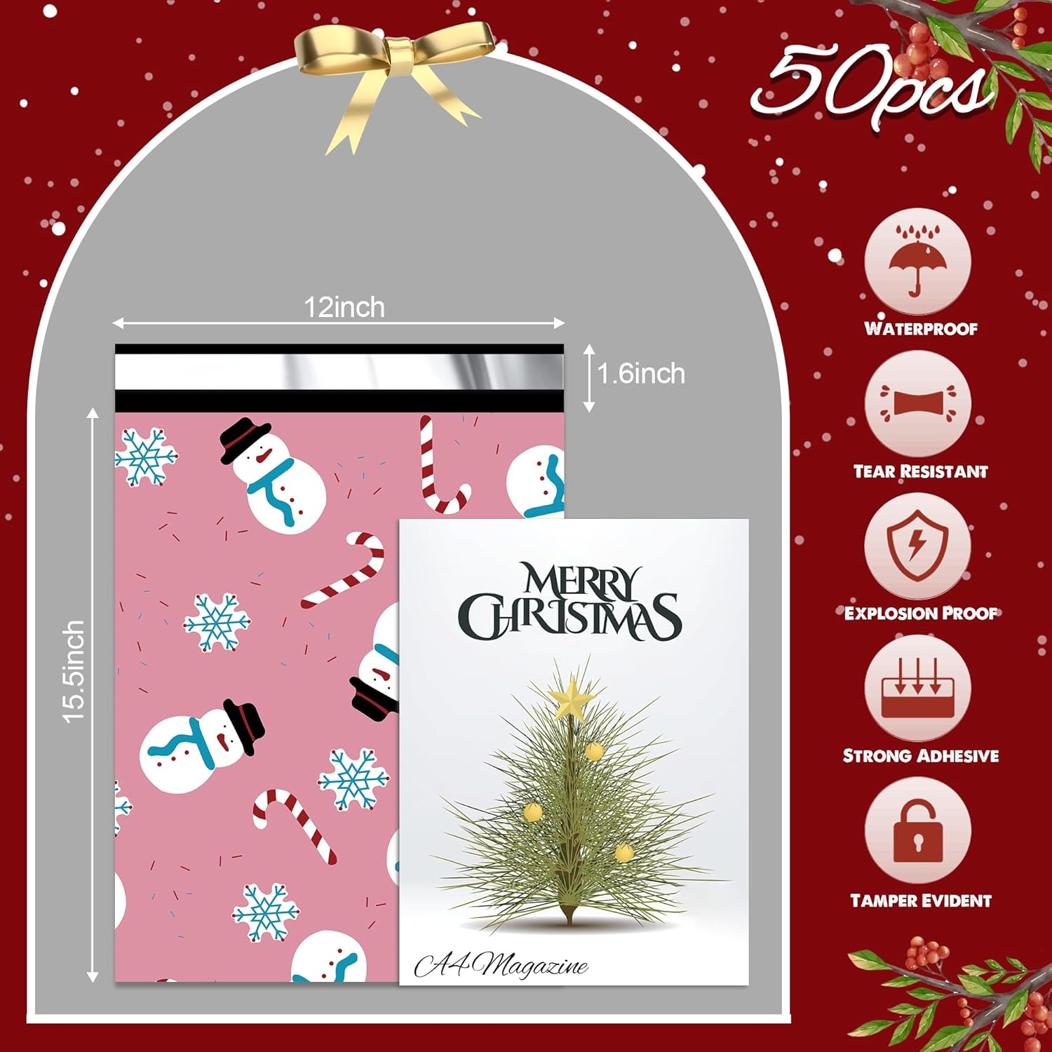 Christmas Poly Mailer 12x15.5 Inch 50 Pcs, Waterproof Shipping Bags for Clothing, Tear-Resistant Mailier, Strong Mailing With Self-Seal - Snowmen Printed