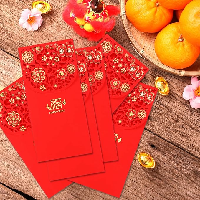 20 Pcs Chinese New Year Red Envelopes, 3.4 x 7 Inches Large 福 Hong Bao Lucky Money Cash Envelopes, Elegant Floral Design Red Packets Lai See for Spring Festival, Lunar New Year, Weddings, Birthdays