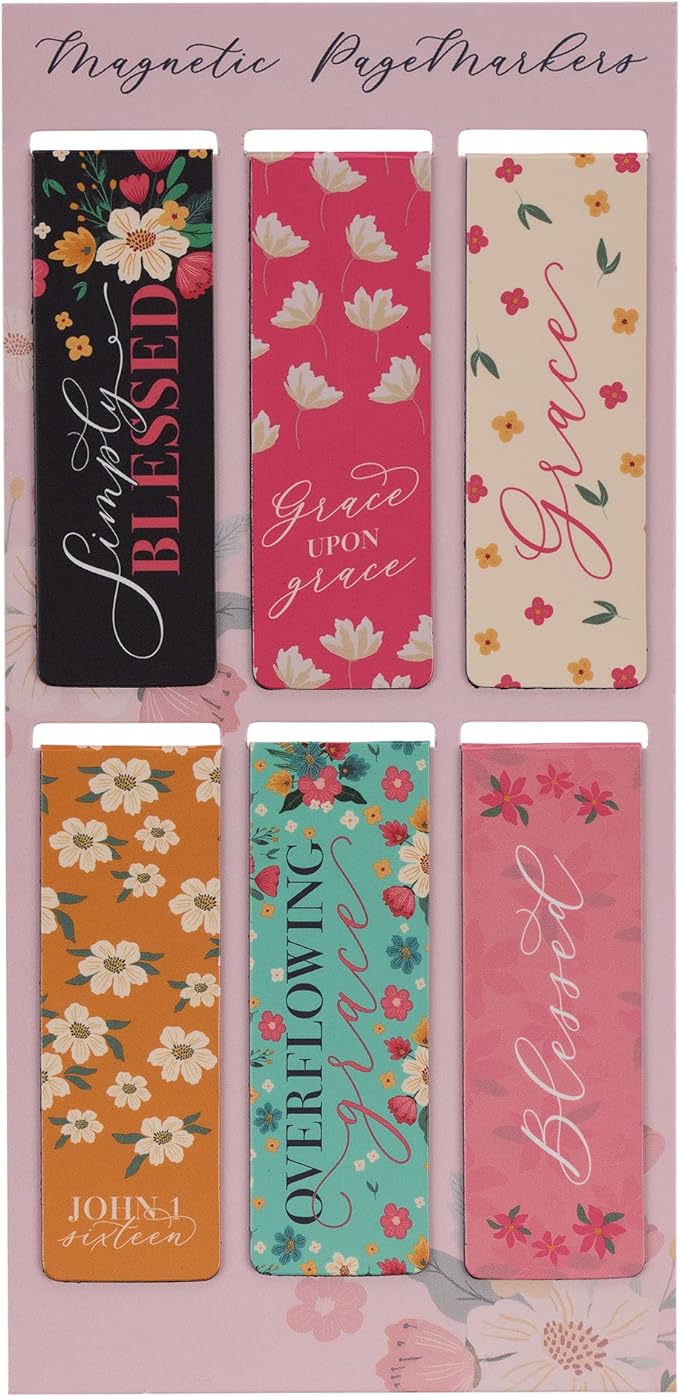 Christian Art Gifts Magnetic Scripture Bookmark/Pagemarker Set for Women: Overflowing Grace - Set of 6, Inspirational Scripture Verses for Bibles, Books, Diaries, Notebooks, Multicolor Floral, Small