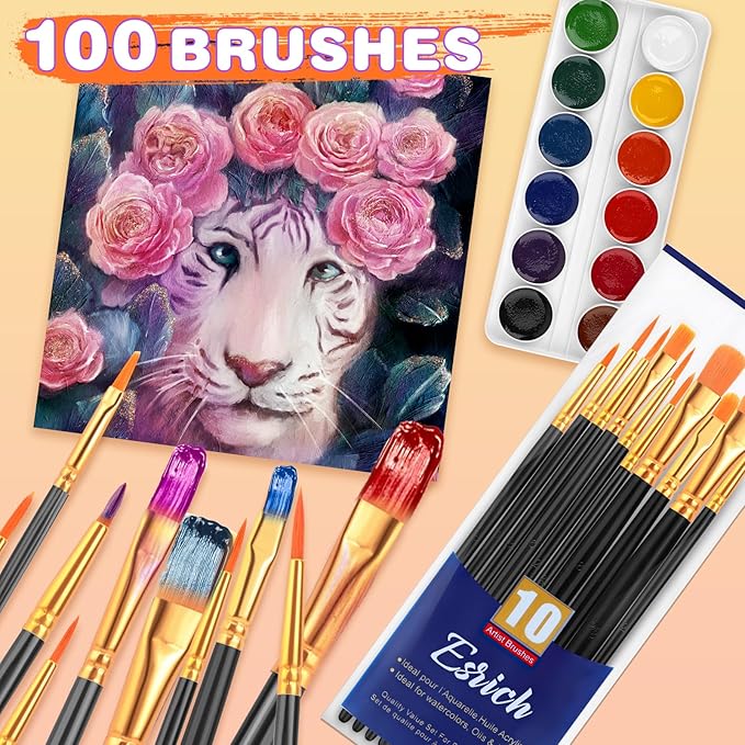 ESRICH Acrylic Paint Brushes Set, 10 Packs/ 100 Pcs Watercolor Brushes,Nylon Brush Head, for Oil Painting, Gouache, Face,Ceramics etc, Kid's and Adults Painting Arts and Crafts Paint Sets.