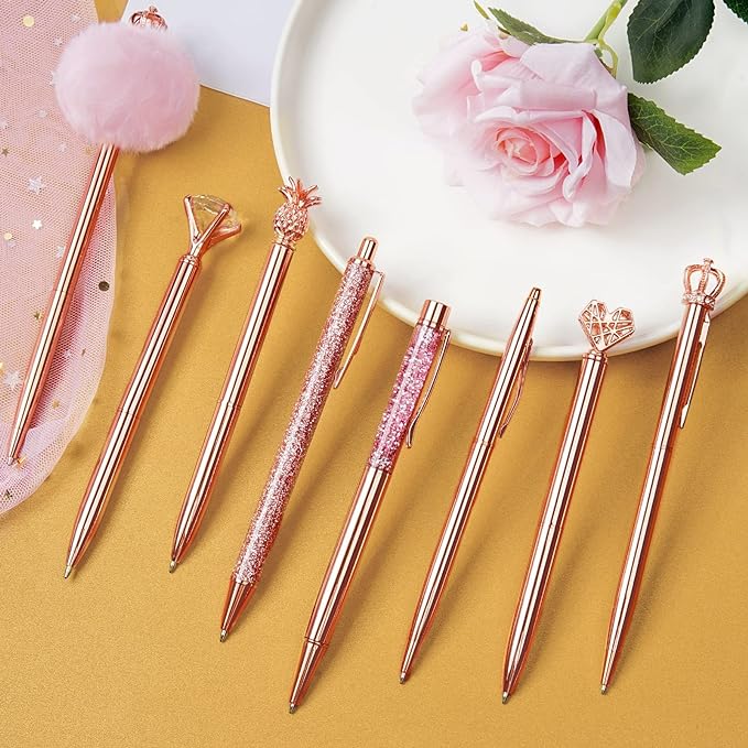 WEMATE 8Pcs Ballpoint Pens Set Metal Crystal Diamond Pen Glitter Pen for Journaling Pen Bling in Black & Blue Ink Pretty Cute Pens Fancy Pens Gifts for Women Wedding School Office Desk (Rose Gold)