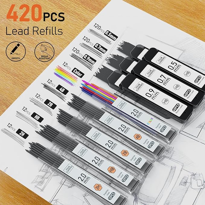 Four Candies Metal Mechanical Pencil Set, 3PCS Art Drafting Pencils 0.5, 0.7, 0.9MM & 2PCS 2MM Mechanical Drawing Pencils with 420PCS Leads (4B 2B HB 2H Color) for Writing Sketching Drawing (Black)
