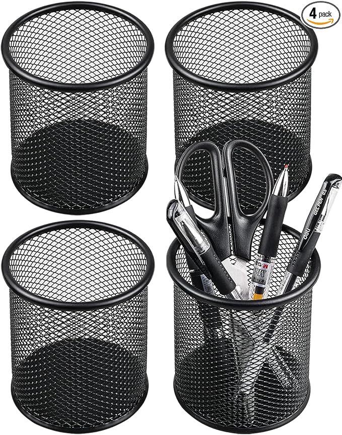 QYH Metal Pencil Holder for Desk Mesh Pen Cup 4 Packs Black Pen Organizer Office 3.54x3.93 Inch