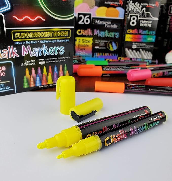 16 UV Fluorescent Neon Chalk Markers - Double Pack of Both Fine & Reversible Medium Tip Liquid Chalk Pens Wet Erasable Menu Boards, Glass, Whiteboards, Mirrors, Non-Porous Chalkboards, Plastic, Metal