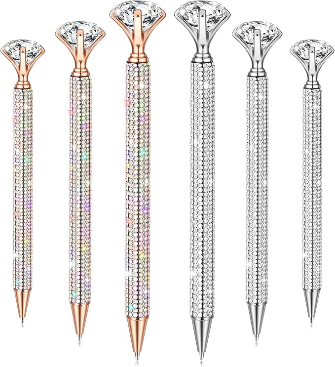 Jeyiour 6 Pcs Big Diamond Pens with Crystal Bling Rhinestone Metal Glitter Diamond Ballpoint Black Ink Pens Wedding Bridal Shower Favors for Birthday Gift Supplies(Silver, Rose Gold)