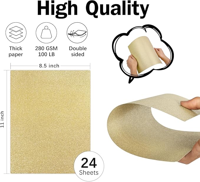 Gold Glitter Cardstock 8.5x11 Double-Sided 24 Sheets, Goefun Champagne Gold No-Shed Glitter Paper 280GSM/100lb Thick Card Stock for Circut, Card Making, DIY Projects, Party Decorations, Scrapbooking