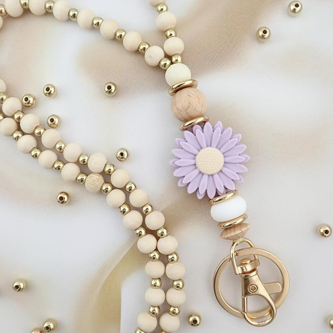 Wooden Teacher Lanyards for Id Badge Cute Flower Wood and Gold Beaded Lanyards for Women for Nurse Badge