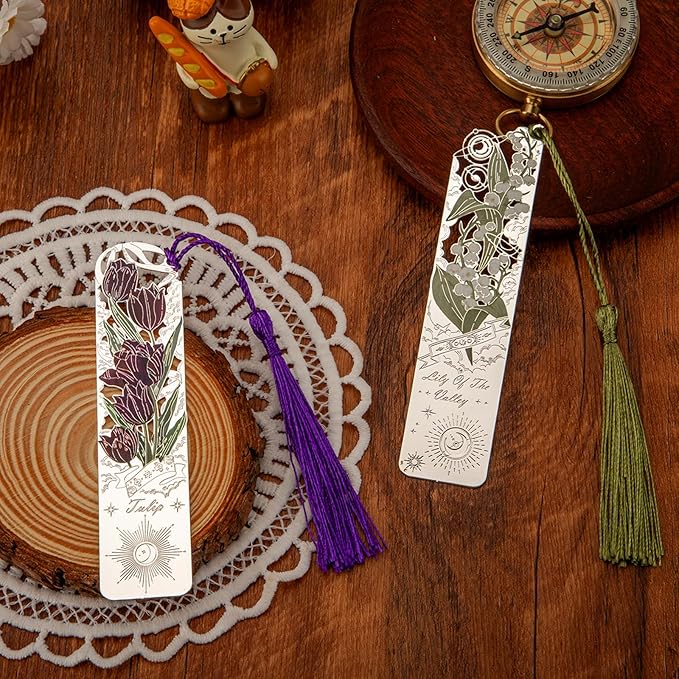 2 PCS Metal Bookmarks with Tassel, Tulip, Lily of The Valley Bookmark, Pretty Bookmarks for Women, Very Beautiful Bookmark, Metal Bookmarks Gifts, Graduation Gift(062-4)