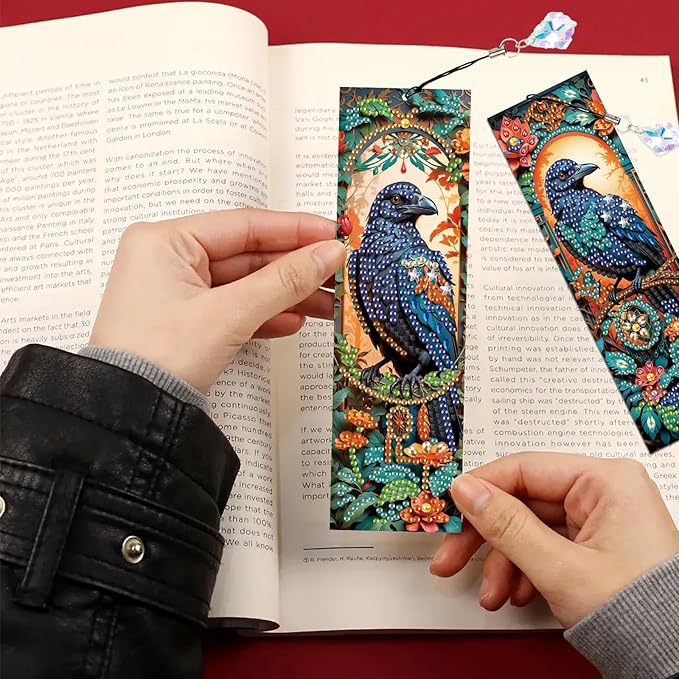 4-Piece Diamond Painting Bookmarks Set for Adults – DIY 5D Rhinestone Art Bookmarks with Tassels, Crow Design Diamond Art Bookmarks for Crafts and Gifts, Ideal Gift for Book Lovers