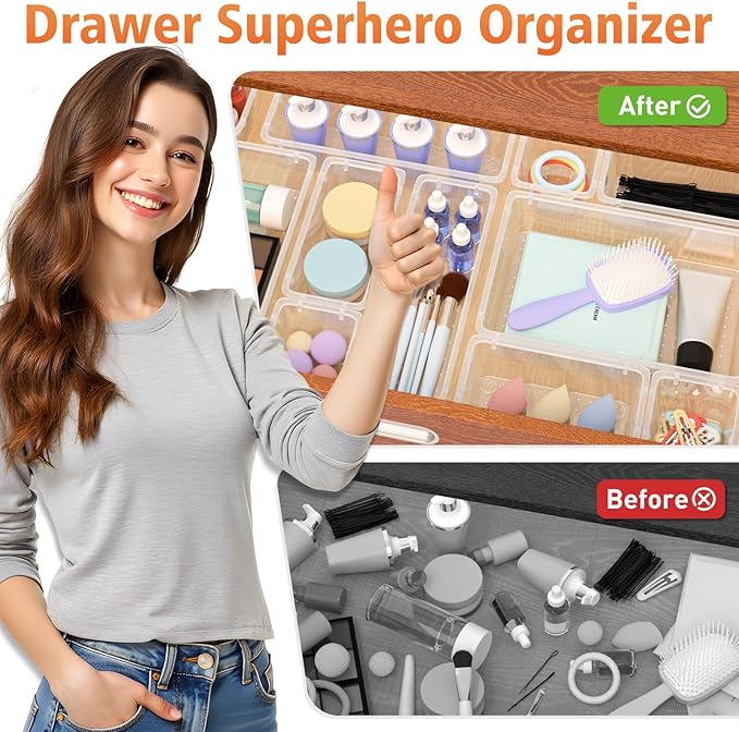 Clear Drawer Organizers of 9 PCS Plastic Drawer Organizer Bins, 4 Sizes Clear Plastic Drawer Organizers and Storage Bins for Bathroom Kitchen Office Organizers and Storage Containers