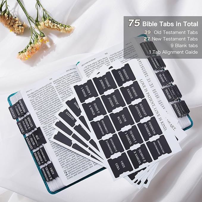 Laminated Bible Tabs for Women & Men - Large Print Tabs for Study Bibles, Boho Theme for Easy Navigation and Quick Reference - Easy-to-Read and Apply Tabs for All Ages-Black
