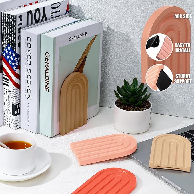 Harloon 4 Pieces Boho Arch Wood Bookends Rainbow Arch Back to School Gift Ideas Non Skid Bookend Decorative Wooden Book Stand Book Stoppers for Books Movies CDs(Cute Color)