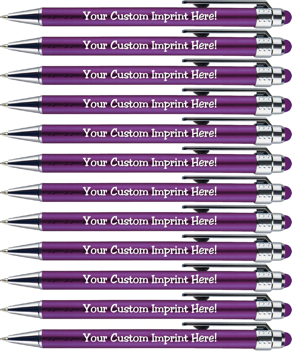 Personalized Pens with Stylus Tip -Bright Vibes- Click action - Custom - Black writing - Printed Name pens - Imprinted with Your Logo or Message - FREE PERSONALIZATION - 12 Pens/Box (Purple)