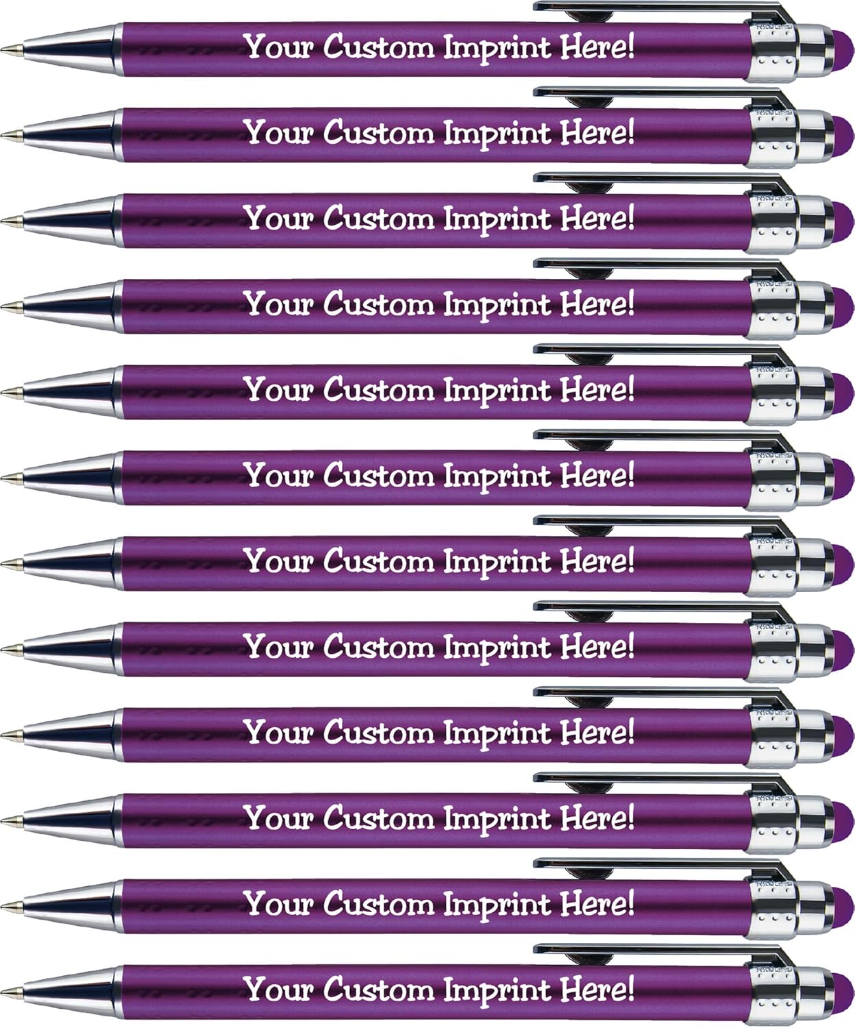 Personalized Pens with Stylus Tip -Bright Vibes- Click action - Custom - Black writing - Printed Name pens - Imprinted with Your Logo or Message - FREE PERSONALIZATION - 12 Pens/Box (Purple)