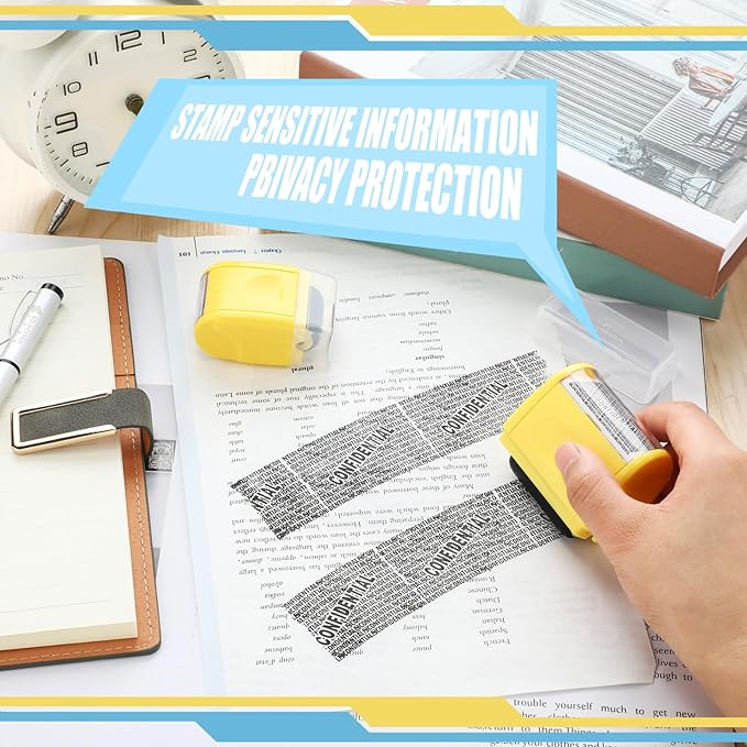 Nezyo 2 Pack Identity Protection Roller Stamp Identity Theft Stamp Confidential Roller Stamp Privacy Stamp Information Blocker Stamp and 4 Pack Refill Ink for ID Account Data Address Security(Yellow)