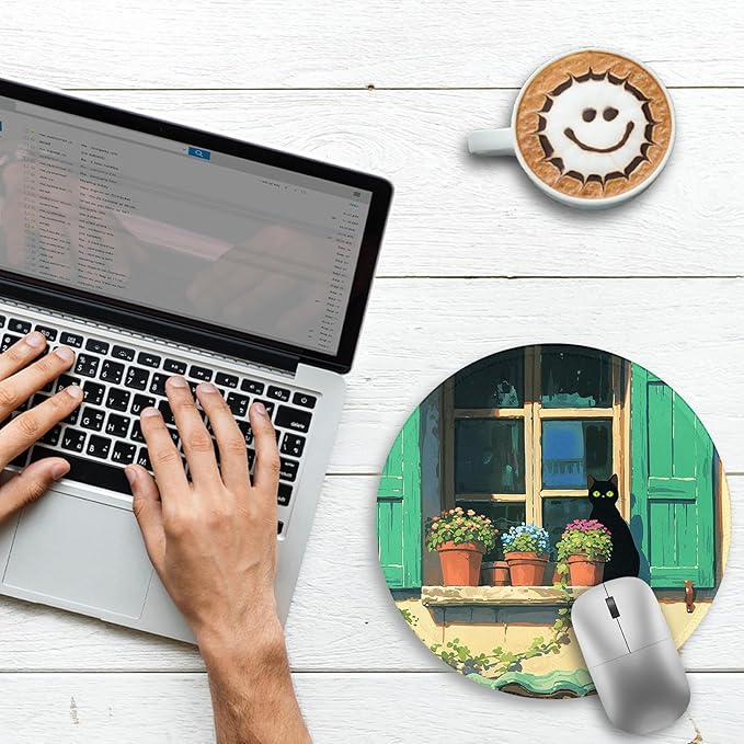 Gctriki Anime Black Cat Mouse Pad, Cute Round Computer Mouse Pads for Desk Laptop Gaming, Stitched Edge Non-Slip Rubber Base, Cute Cat Home Office Desk Accessories Decor for Women