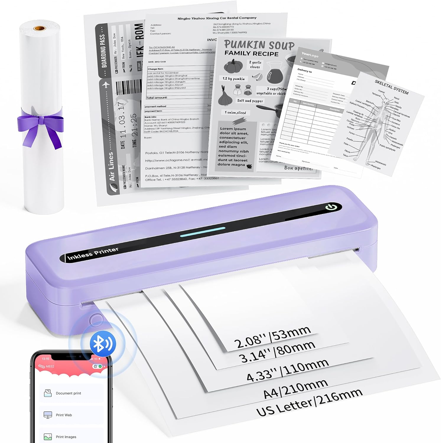 COLORWING Portable Printers Wireless for Travel, 300DPI Mini Compact Inkless Printer, Thermal Bluetooth Printer Compatible with Android and iOS Smartphone & Tablet & Laptop - Purple