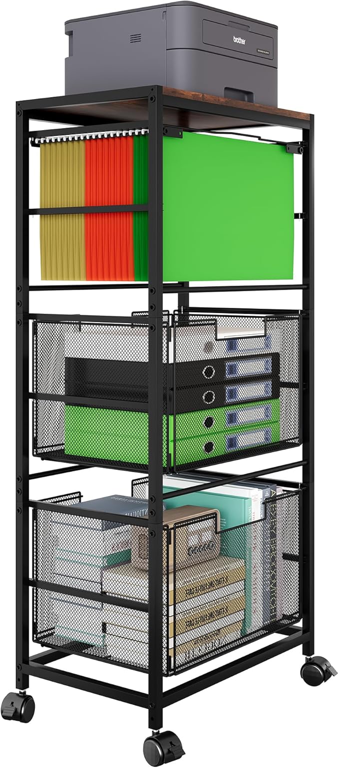 EasyPAG Mobile Rolling File Cart with Wheels Letter & Legal Size Hanging File Folder Rack 3 Tier File Folder Rack with Pull-Out Drawer for Home Office, Black