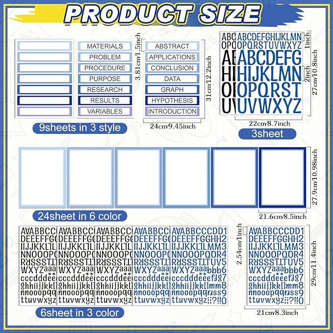 42 Sheets Science Fair Board Supplies 24 Self Adhesive Presentation Science Subtitles 9 Fair Project Titles 9 Personalized Letter Sticker Supplies for Classroom Office(Blue Style)