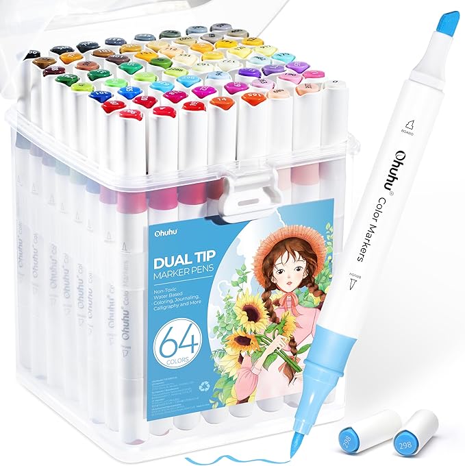 Ohuhu Markers for Adult Coloring Books No bleeding 64 Colors Water-based Coloring Markers Dual Tips Chisel & Brush Drawing Pens Art Markers for Kids Adults Beginners Lettering Journaling