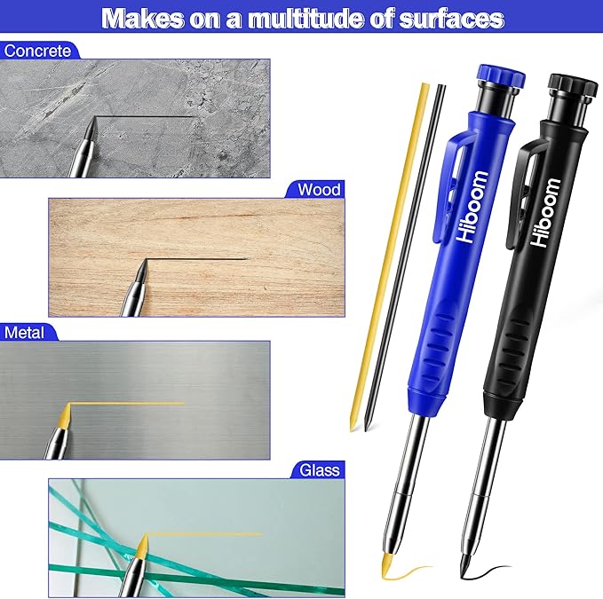 Hiboom 2 Pack Solid Carpenter Pencil with 14 Refill, Long Nosed Deep Hole Mechanical Pencil Marker with Built-in Sharpener for Carpenter Woodworking Architect with Design Patent (Black, Blue)