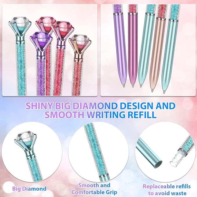 24 Pieces Big Crystal Diamond Pens Bling Ballpoint Pen Black Ink Rhinestones Pen for School Office Supplies Christmas Wedding Birthday Present, 4 Colors(Glitter Style)