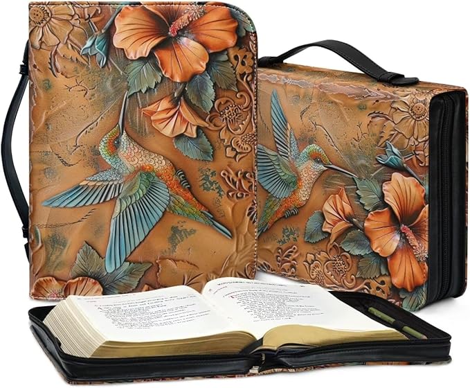 Lotusorchid Large Faux Leather Bible Cover, Hummingbird Bible Cover Case for Women with Handle Pocket, Hibiscus Bible Book Carrying Bags Bible Tote Bag, Bible Study Accessories, Orange, M