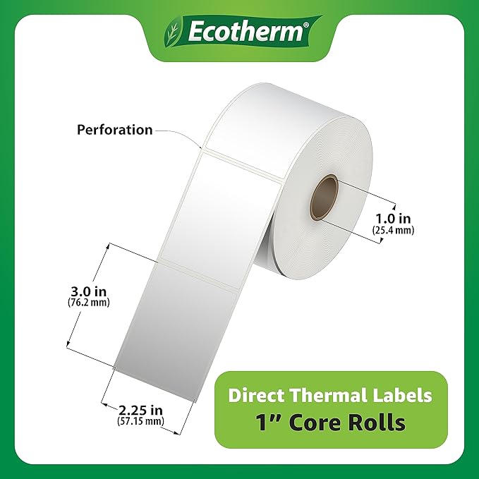2.25" x 3" Thermal Labels | 4 Rolls | 2100 Labels | fits Zebra, Munbyn, Rollo, Godex, Arkscan, iDPRT, Offnova Thermal Label Printers and More | Blank White Adhesive Stickers by Ecotherm
