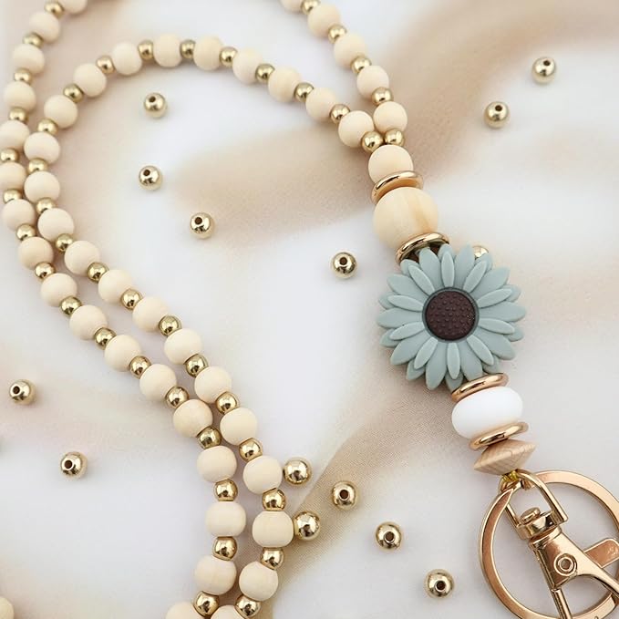 Wooden Teacher Lanyards for Id Badge Cute Flower Wood and Gold Beaded Lanyards for Women for Nurse Badge