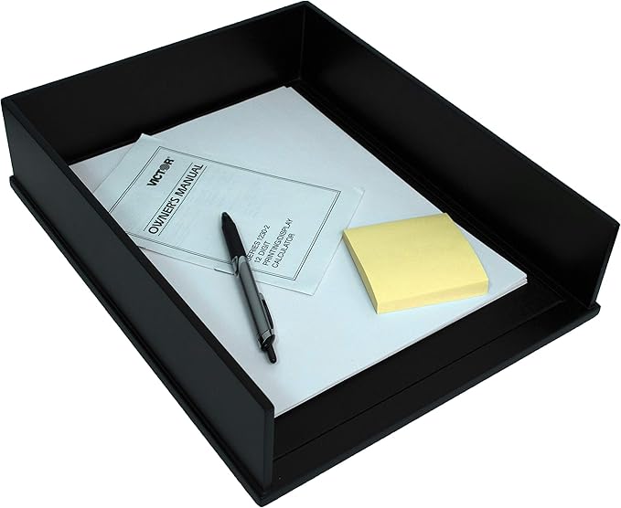 Victor 1142-5 Midnight Black Collection Front Load Letter Tray, Matte Black Paint with Faux Leather Tray Pad for a Professional Look