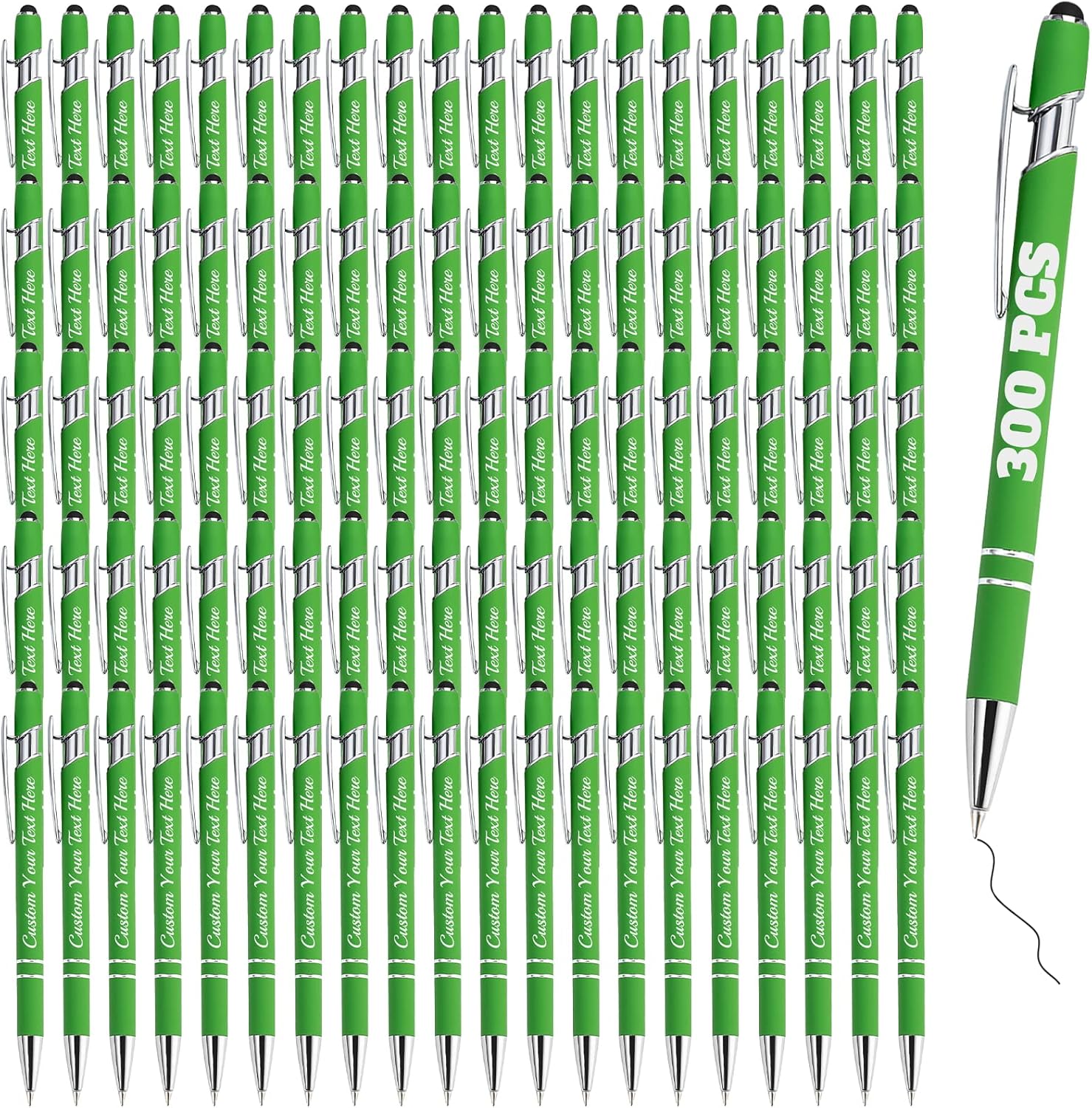 Personalized Pens Bulk 300 with Name Custom Engraving Ballpoint Pens with Stylus Tip Customized Smooth Writing Pens Personalized Gifts for Anniversary Birthday or Graduation(Light Green,Black Ink)