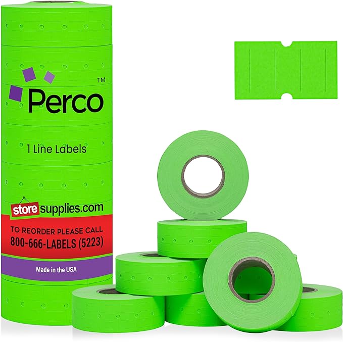 Perco 1 Line Fluorescent Green Labels - 8 Rolls, 1 Sleeve, 8,000 Blank Price and Date Gun Labels for Perco 1 Line Price and Date Guns - Made in USA