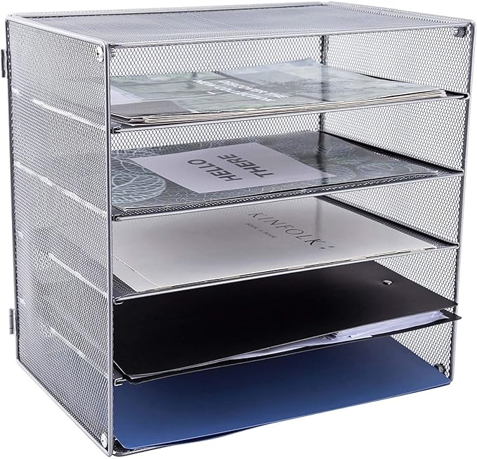 EASEPRES 5 Slot Mesh Desk Organizer Tray, File Paper Letter Folder Holder Desktop Paper Sorter Mail Organization Rack Storage Accessories, for Office Home School Classroom, Silver, 2 Pack