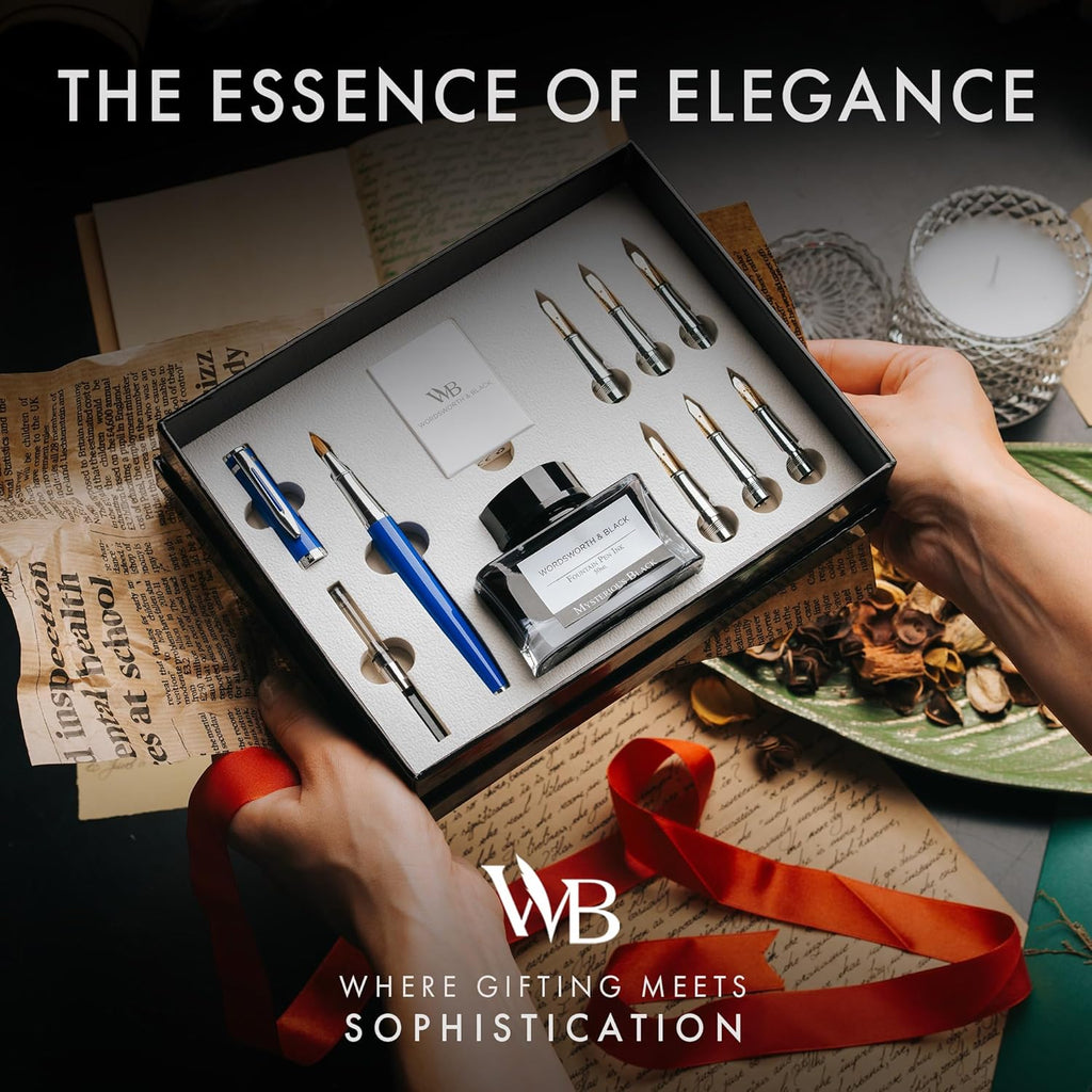 Wordsworth & Black Calligraphy Pen Gift Set, Includes Bottle, 6 Cartridges, Refill Converter, 6 Replacement Nibs, Premium Package, Journaling, Smooth Writing Pens [Blue Chrome]