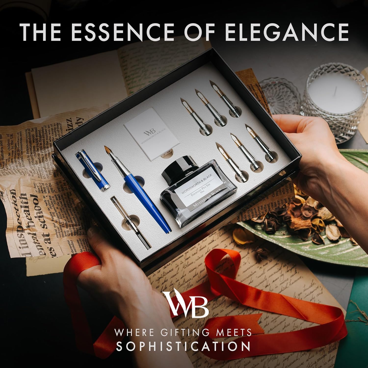 Wordsworth & Black Calligraphy Pen Gift Set, Includes Bottle, 6 Cartridges, Refill Converter, 6 Replacement Nibs, Premium Package, Journaling, Smooth Writing Pens [Blue Chrome]