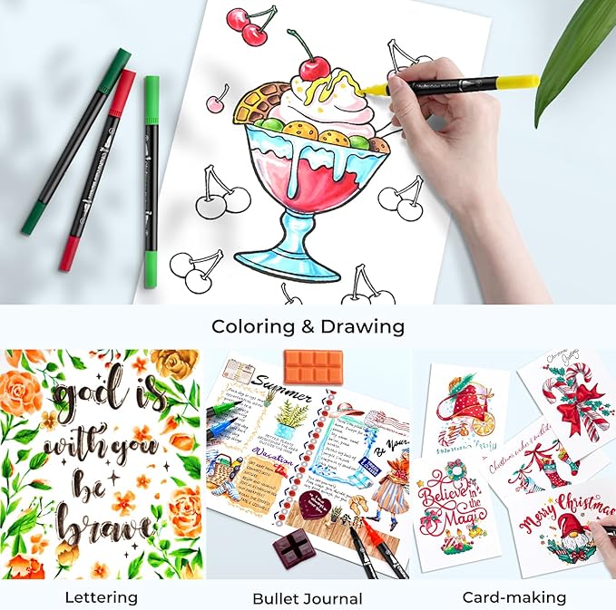 Ohuhu Markers for Adult Coloring Books No bleeding 120 Colors Coloring Markers Water-based Dual Tips Fineliner & Brush Drawing Pens Art Markers for Kids Adults Sketch Journal - Maui - Black