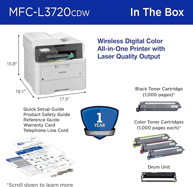 Brother MFC-L3720CDW Wireless Digital Color All-in-One Printer with Laser Quality Output, Copy, Scan, Fax, Duplex, Mobile Includes 2 Month Refresh Subscription Trial ¹ Works with Alexa