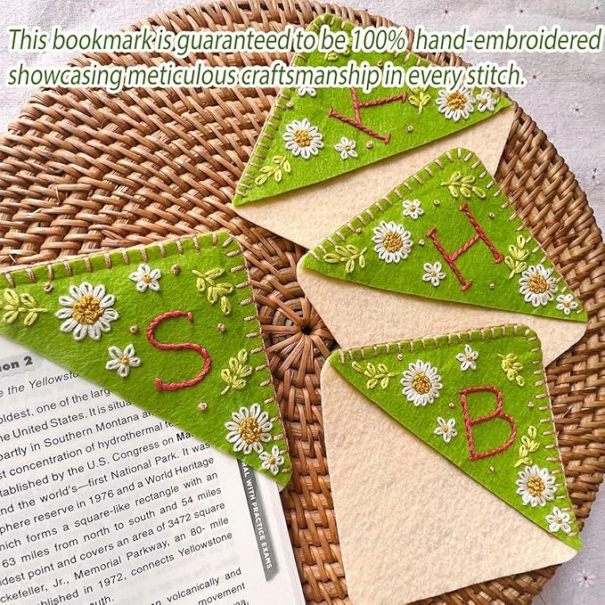 Personalized Hand Embroidered Corner Bookmark, Bookmarks for Women, Personalized Bookmark for Book Lovers, Cute Flower Book Mark by HNQCPCVU (T, Green)