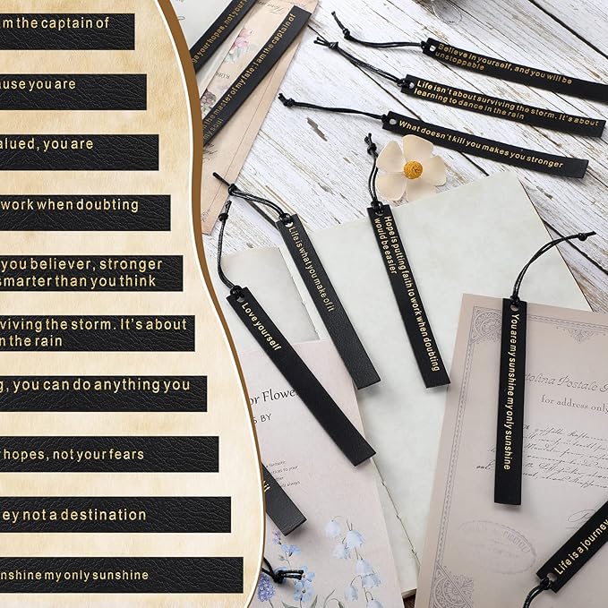 Roowest 20 Pcs Motivational Leather Bookmarks Inspirational Leather Page Markers Book Marks for Book Lovers Black Bookmark for Reading Readers Bookworm Book Lovers Writers Women Men Gift Party Favor
