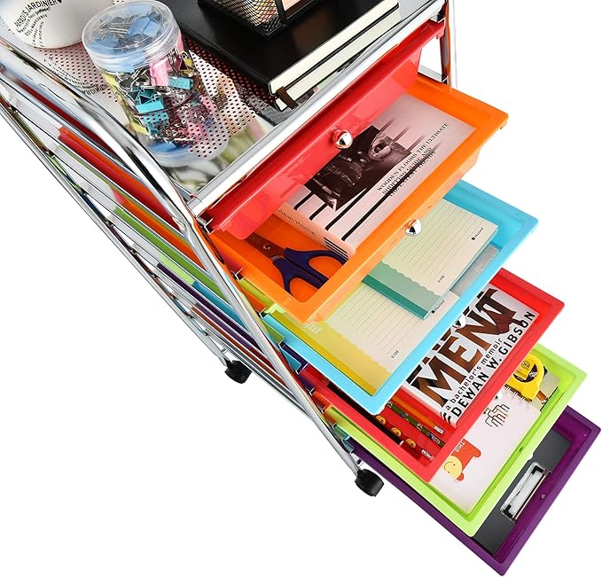 Storage Cart, Rolling Utility Cart with 10 Drawers, Portable Handles & Lockable Wheels, Mobile Paper Toys Storage Organizer Large Capacity for Home Office School Teacher (Multi-Color)