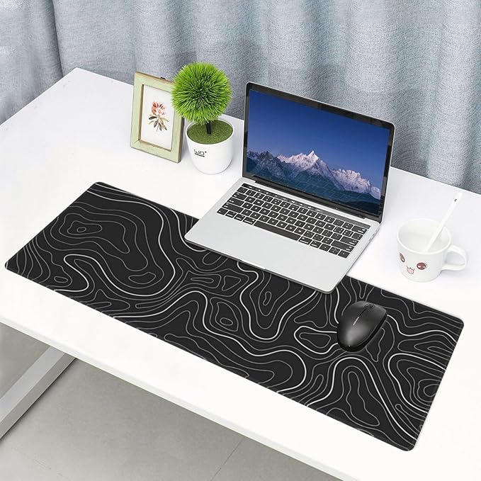 Extended Gaming Mouse Pad, Large Gaming Mouse Waterproof with Stitched Edges, Non-Slip Desktop Pad for Home and Office, Level Up Your 31.5x11.8 Inch… (Black Topographic)