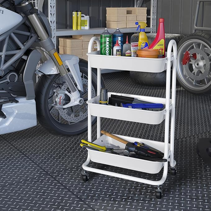 3-Tier White Utility Rolling Cart,Kitchen Storage Carts with Wheels,White Metal Rolling Cart for Office,Home,Kitchen,Garden（18"x11.4"x31.2"）