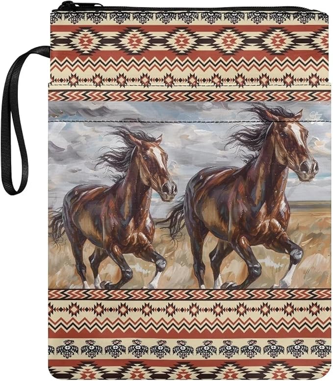 COEQINE Western Horse Book Cover Case Zipper With Pen Holder Pocket Portable Book Organizer Pouch With Pocket For Portable Read Book Dust Cover With Chain
