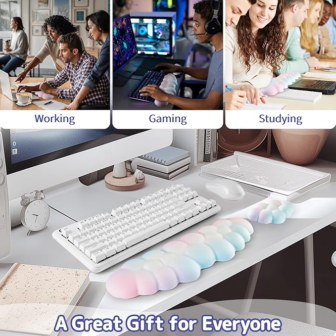 Cloud Wrist Rest Keyboard, Cloud Palm Rest Set with PU Leather Memory Foam, Cute Keyboard Rest for Wrist Support and Arm Rest, Desk Cloud Wrist Pad for PC/Gaming/Hand Cushion/Computer-Rainbow