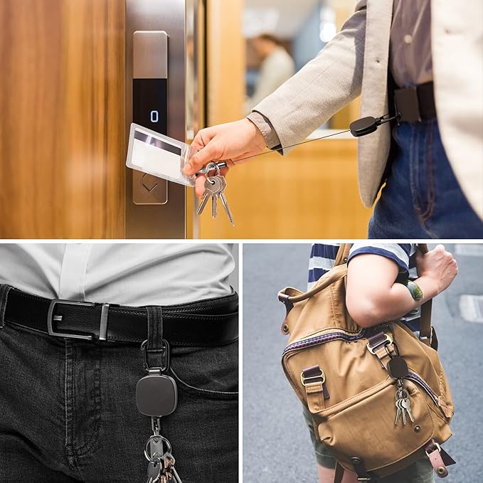 Will Well ID Badge Holder Reel with Clip and Keyring - Heavy-Duty All-Metal Casing with 27.5"UHMWPE Fiber Pull Cord for Durability and Easy Access, Holds up to 8 Keys - 2-Pack, Square, Matte Black