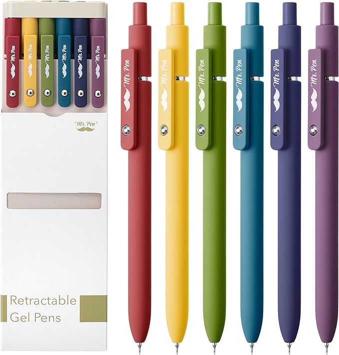 Mr. Pen- Retractable Gel Pens, 6 Pack, Vintage Color Barrels, Black Gel Pens, Fast Dry, Gel Pens Fine Point 0.5mm, Retractable Pens, Cute Pens, Gel Ink Pens, Black Pens, Aesthetic Pens for Journaling